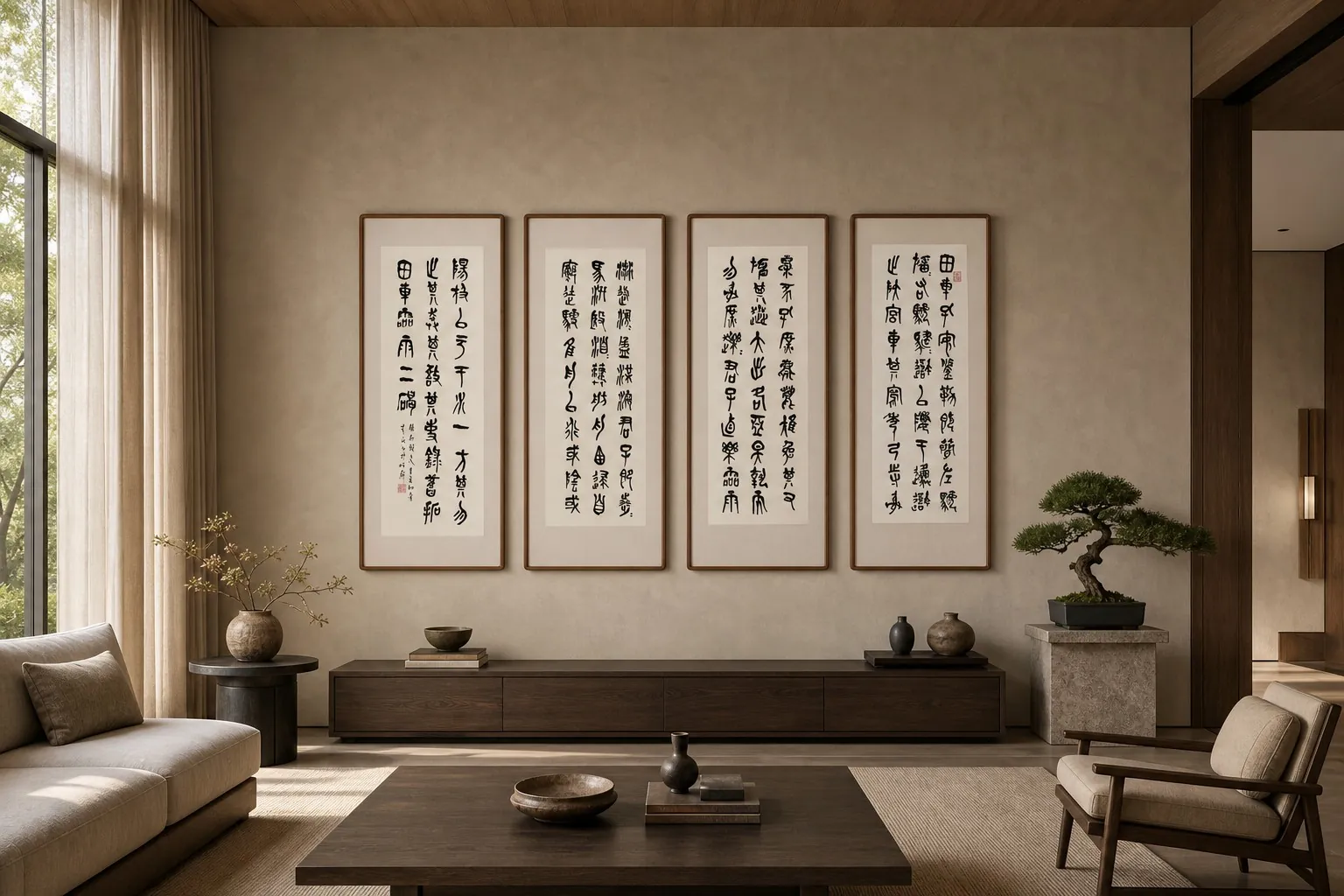 企业会客空间中的四幅书法屏条